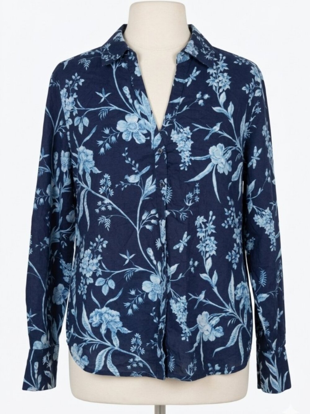 Laura Ashley Linen Cotton Navy Blue Floral Embroidered Button Down Blouse Size L